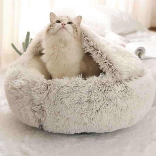 Fluffy cat bed coffee with cat inside on bed